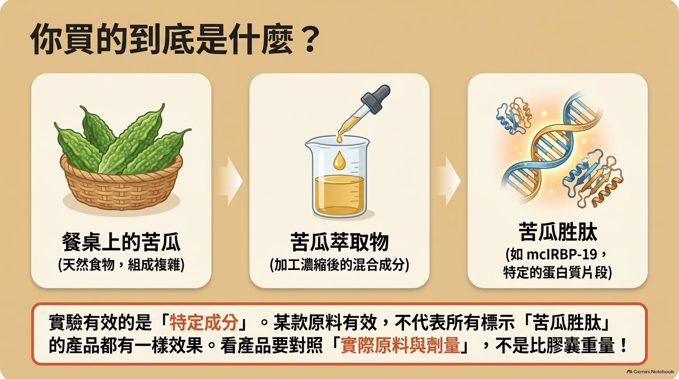 餐桌苦瓜、苦瓜萃取物與特定胜肽的差異